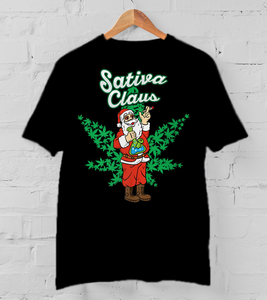 Sativa Claus Cannabis Marijuana Smoking Santa With Weed Leaves T-Shirt