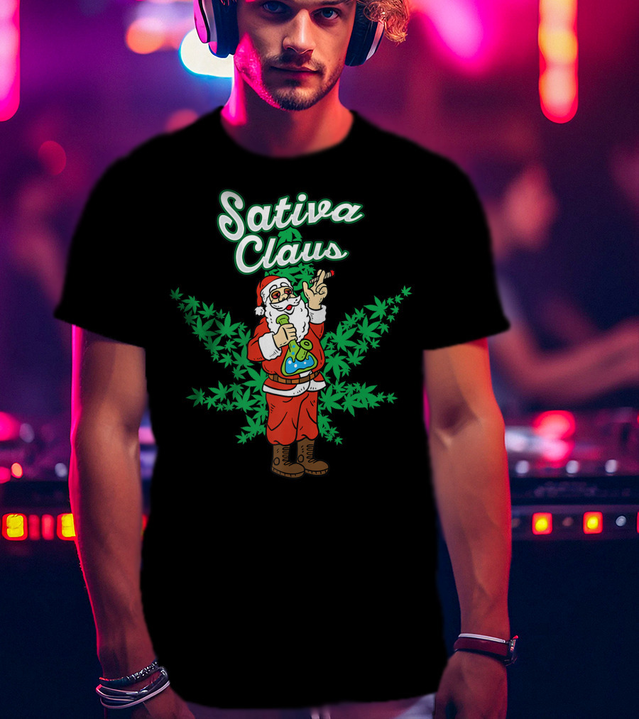 Sativa Claus Cannabis Marijuana Smoking Santa With Weed Leaves T-Shirt