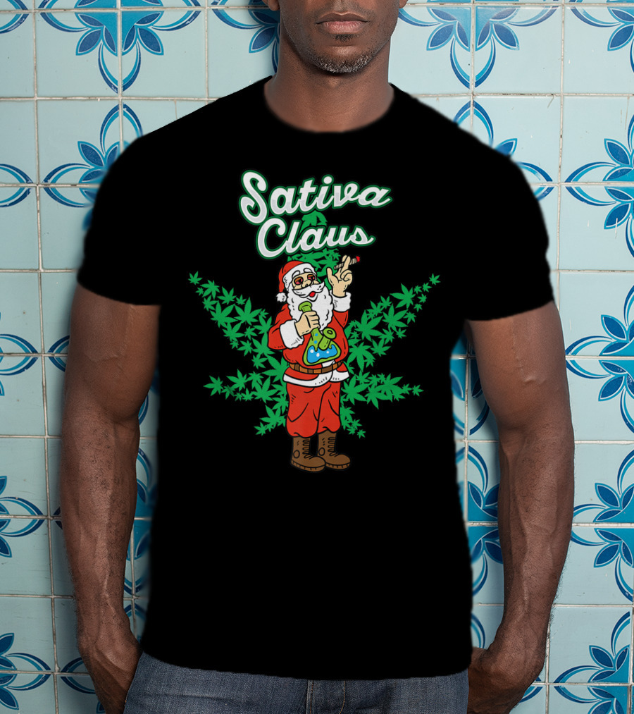 Sativa Claus Cannabis Marijuana Smoking Santa With Weed Leaves T-Shirt