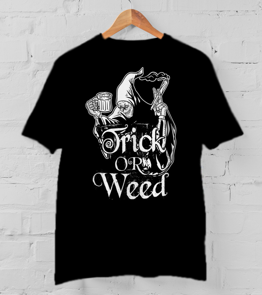 Trick Or Weed Skeleton Grim Reaper Smoking Ganja T-Shirt