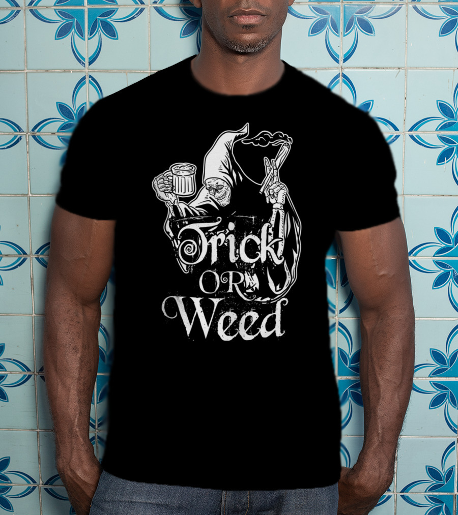 Trick Or Weed Skeleton Grim Reaper Smoking Ganja T-Shirt