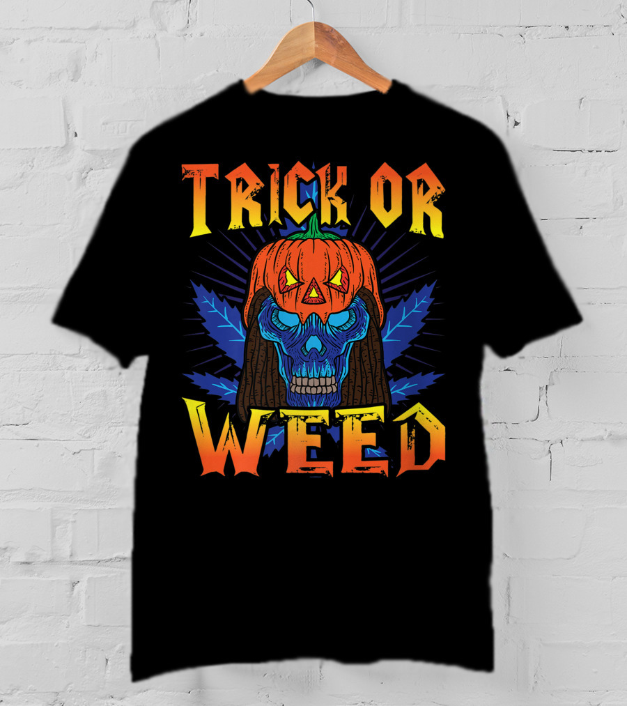 Trick Or Weed Pumpkin Skull Smoking Cannabis THC Halloween Stoner T-Shirt