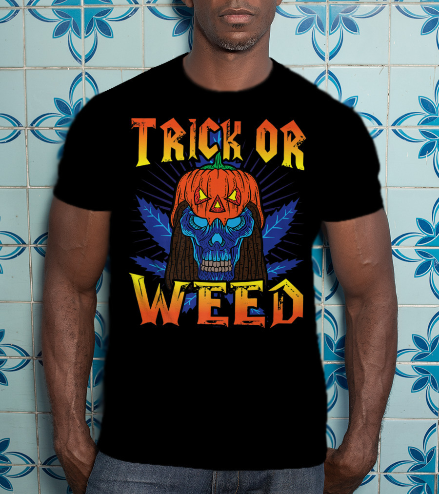 Trick Or Weed Pumpkin Skull Smoking Cannabis THC Halloween Stoner T-Shirt