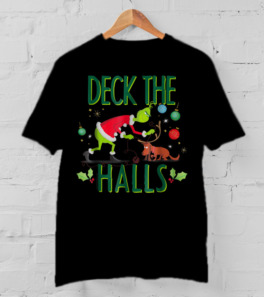Deck The Halls Grinch In Santa Outfit With Max And Christmas Ornaments T-Shirt