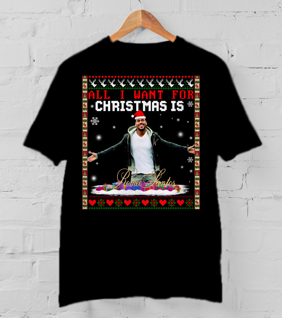 All I Want For Christmas Is Romeo Santos Santa Hat Snowflakes Hearts T-Shirt