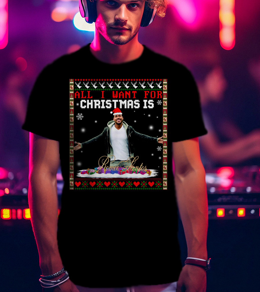 All I Want For Christmas Is Romeo Santos Santa Hat Snowflakes Hearts T-Shirt