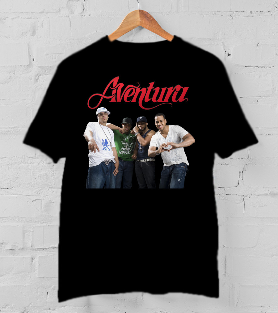 Aventura Band Red Script Logo Casual Group Photo T-Shirt
