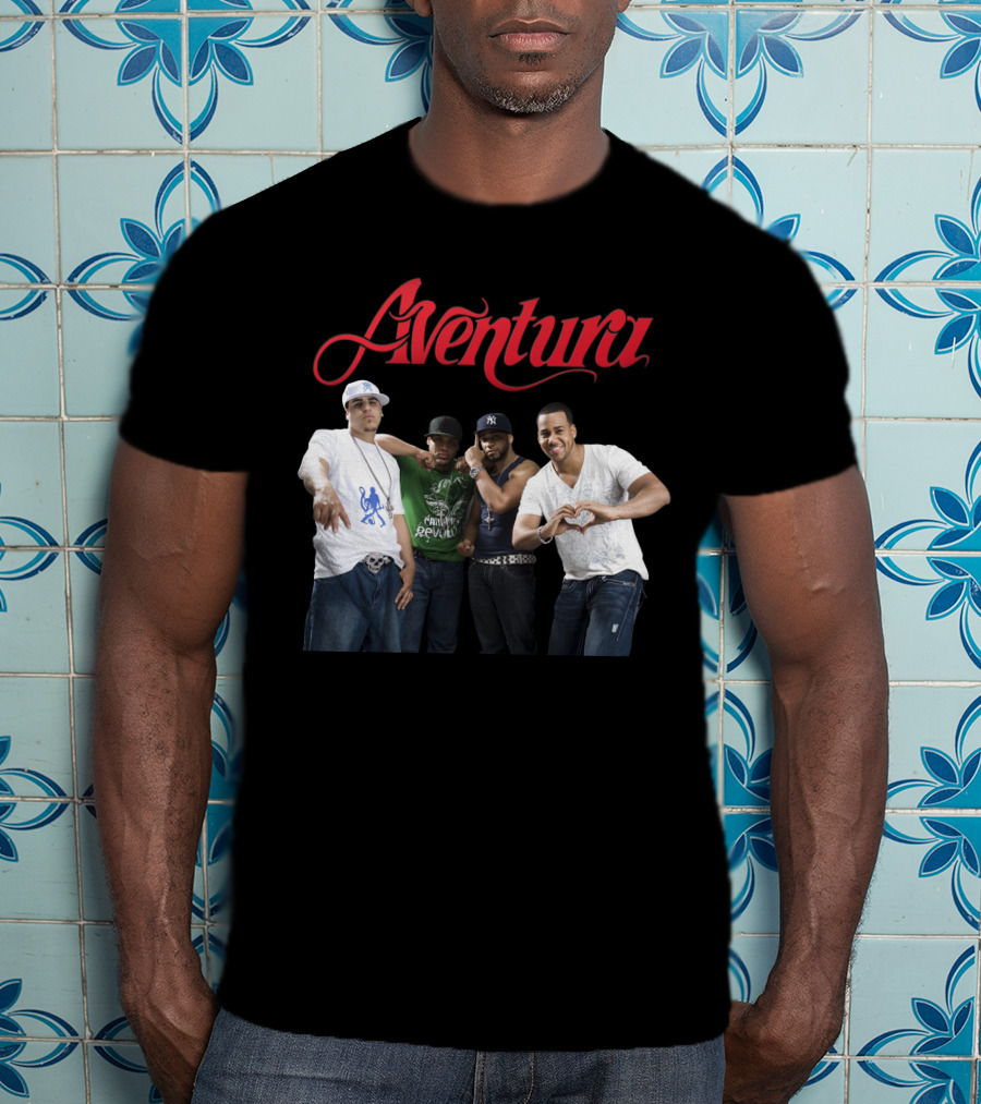 Aventura Band Red Script Logo Casual Group Photo T-Shirt