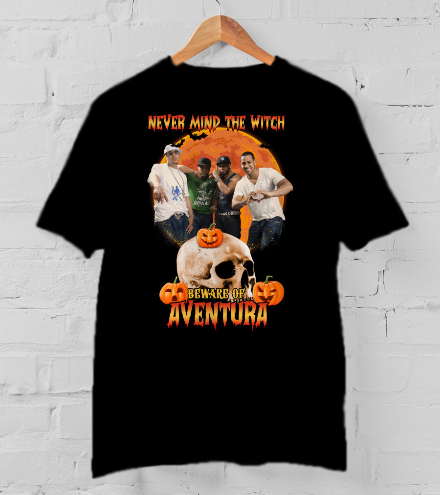 Never Mind The Witch Beware Of Aventura Halloween Pumpkin Skull Scene T-Shirt