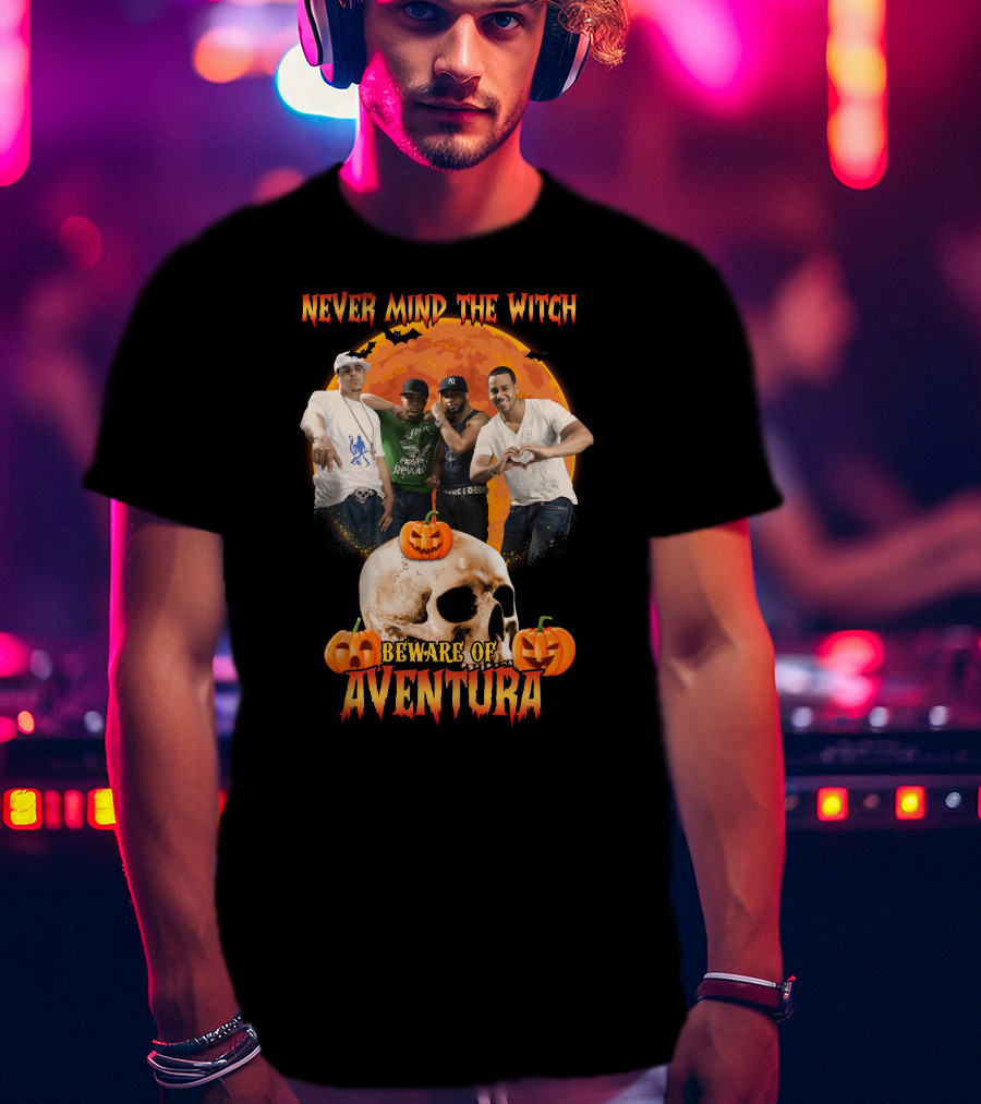 Never Mind The Witch Beware Of Aventura Halloween Pumpkin Skull Scene T-Shirt