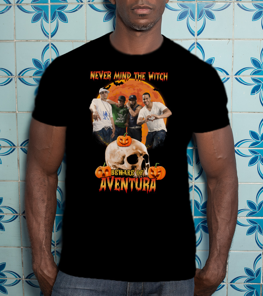 Never Mind The Witch Beware Of Aventura Halloween Pumpkin Skull Scene T-Shirt