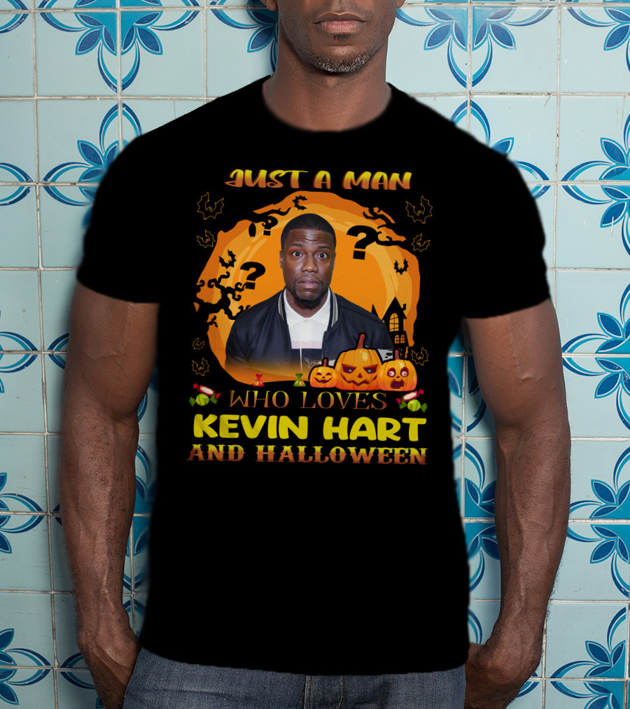 Just A Man Who Loves Kevin Hart And Halloween With Pumpkins And Bats T-Shirt