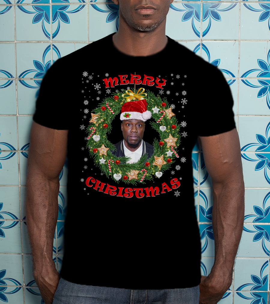 Merry Christmas Kevin Hart Santa Hat Christmas Wreath T-Shirt