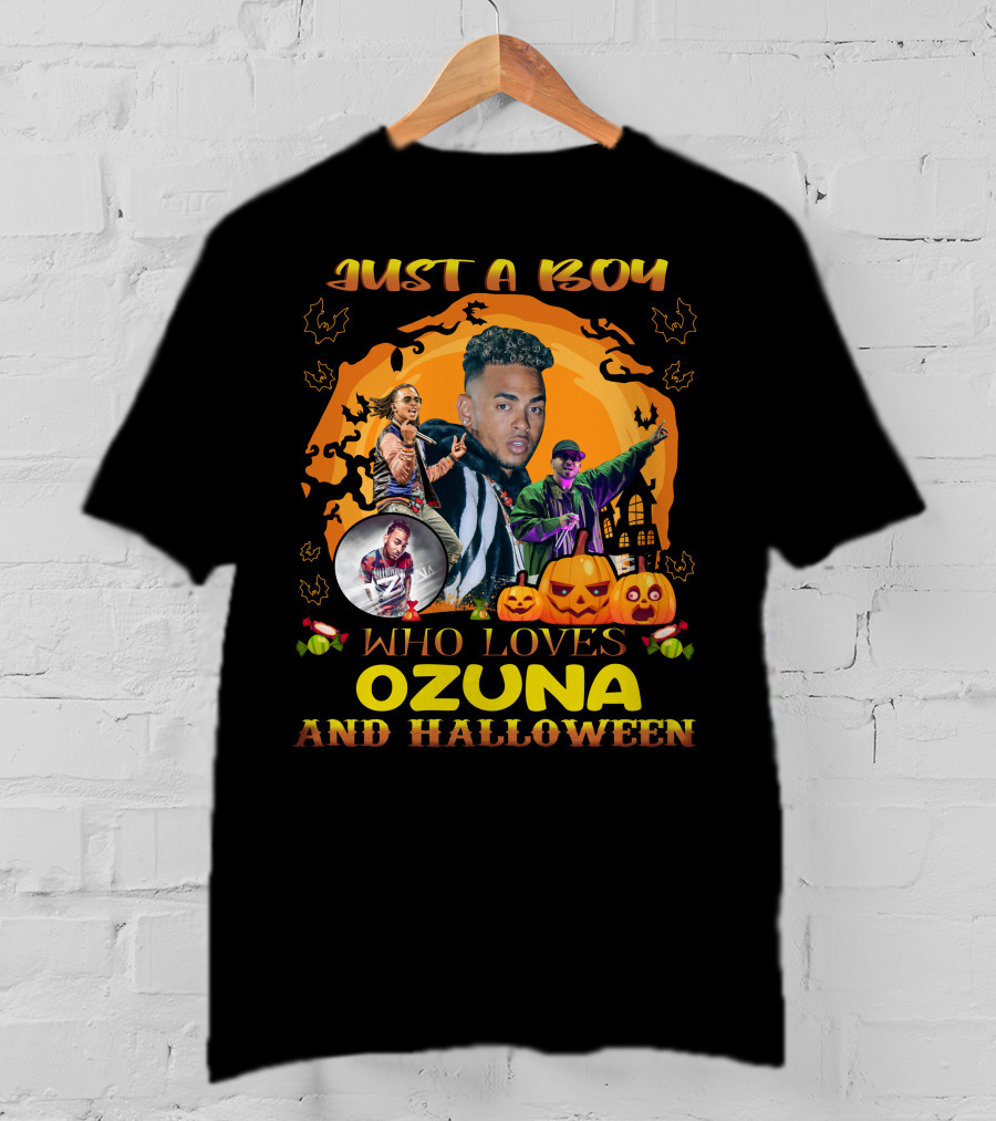 Just A Boy Who Loves Ozuna And Halloween Pumpkins Bats And Haunted House T-Shirt