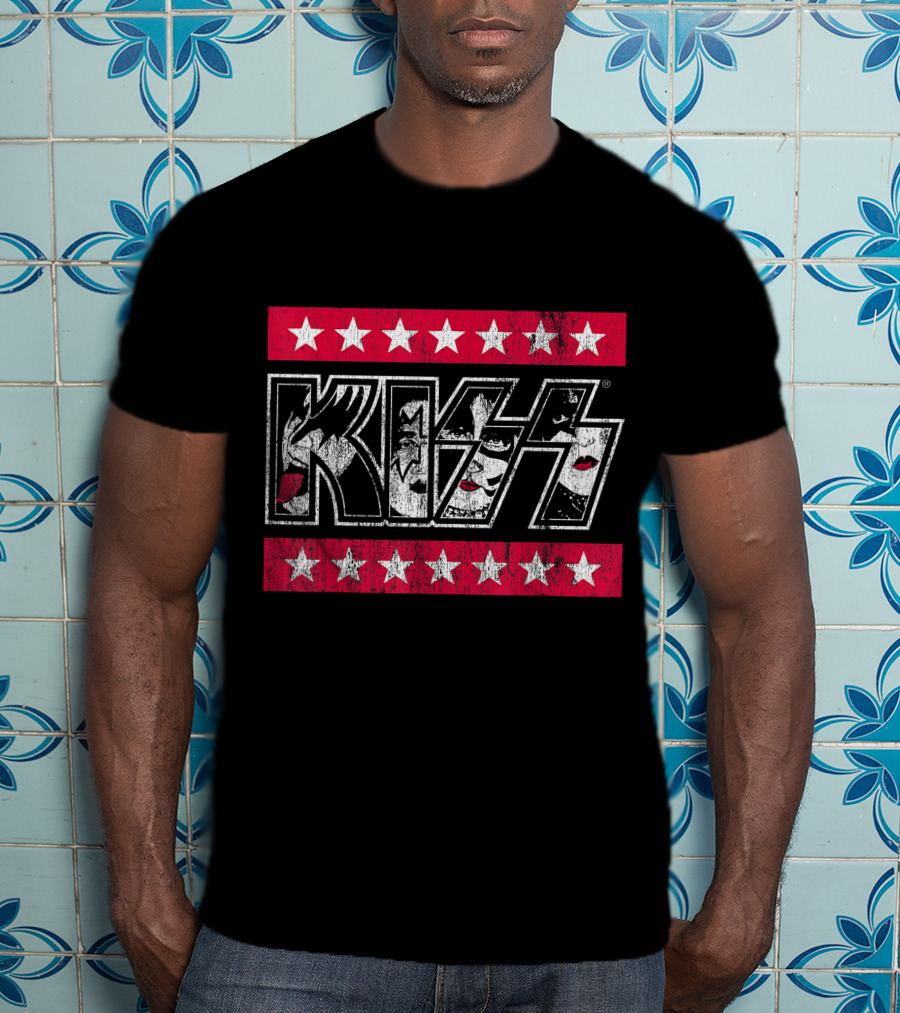 KISS Rock N Roll Stars Faces With Red And White Stars T-Shirt