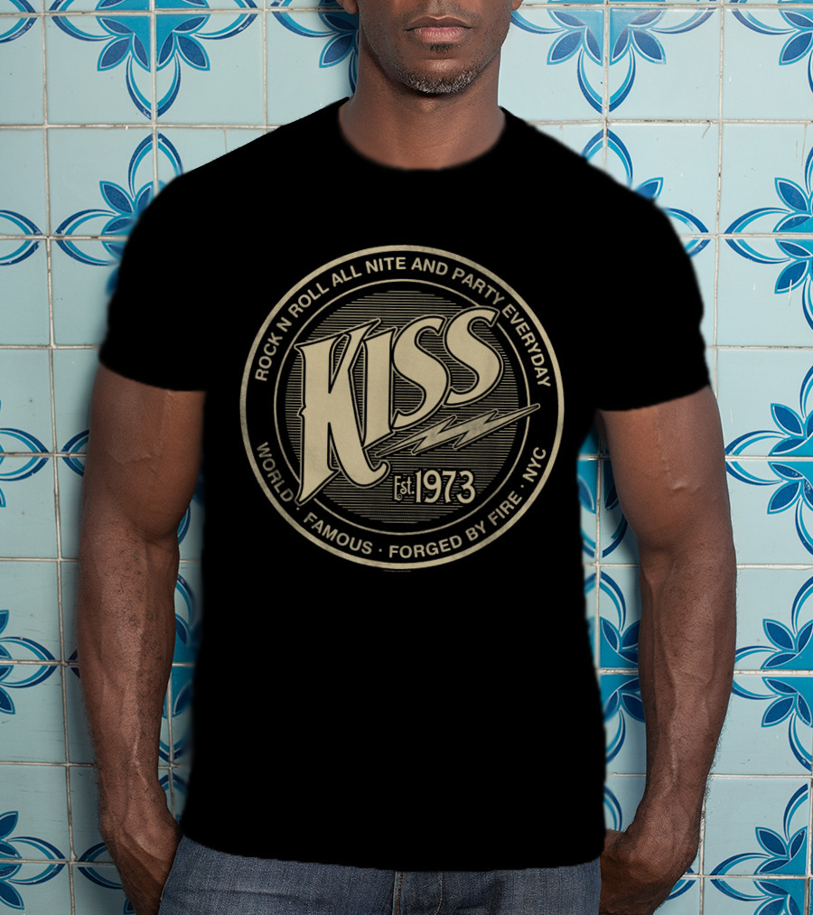 KISS Rock N Roll All Nite And Party Everyday World Famous Est. 1973 Forged By Fire NYC T-Shirt