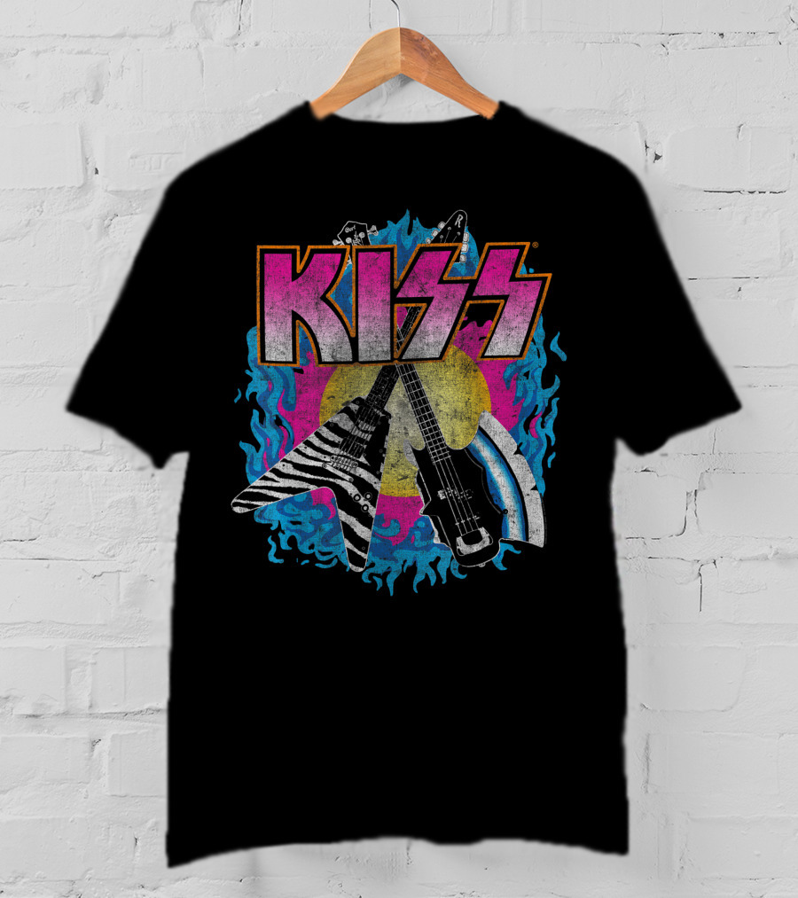 KISS Young Wasted Zebra Stripe Flying V And Bass With Flaming Background T-Shirt