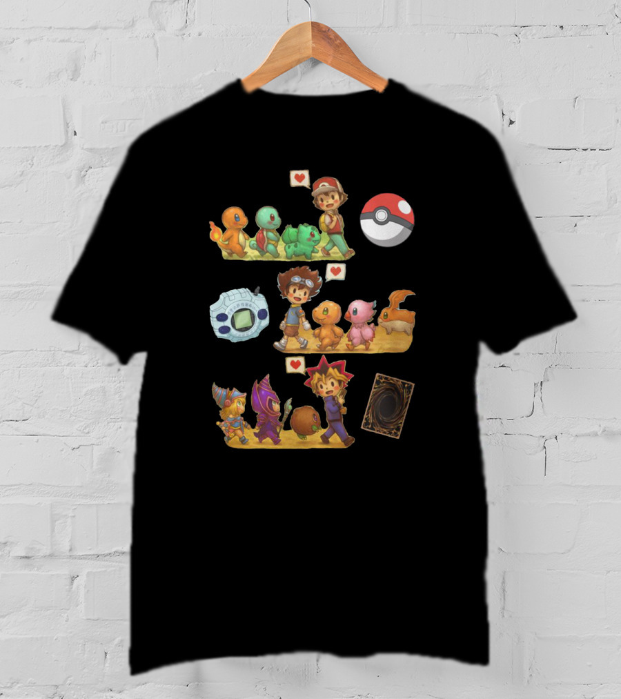 Pokémon Digimon Yu-Gi-Oh Adventure Characters With Love Symbols T-Shirt