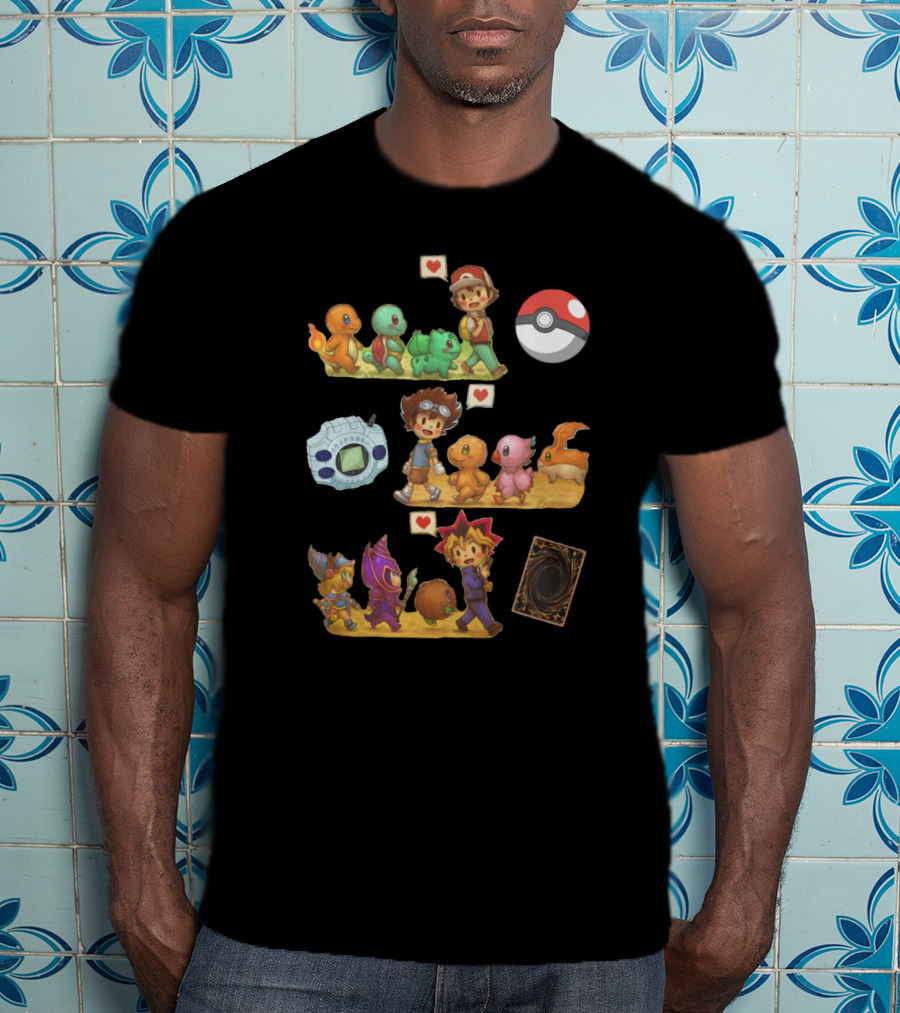 Pokémon Digimon Yu-Gi-Oh Adventure Characters With Love Symbols T-Shirt