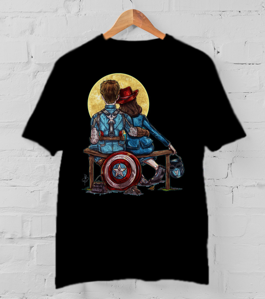 Marvel Captain America Moonlight Bench Scene With Shield And Helmet T-Shirt