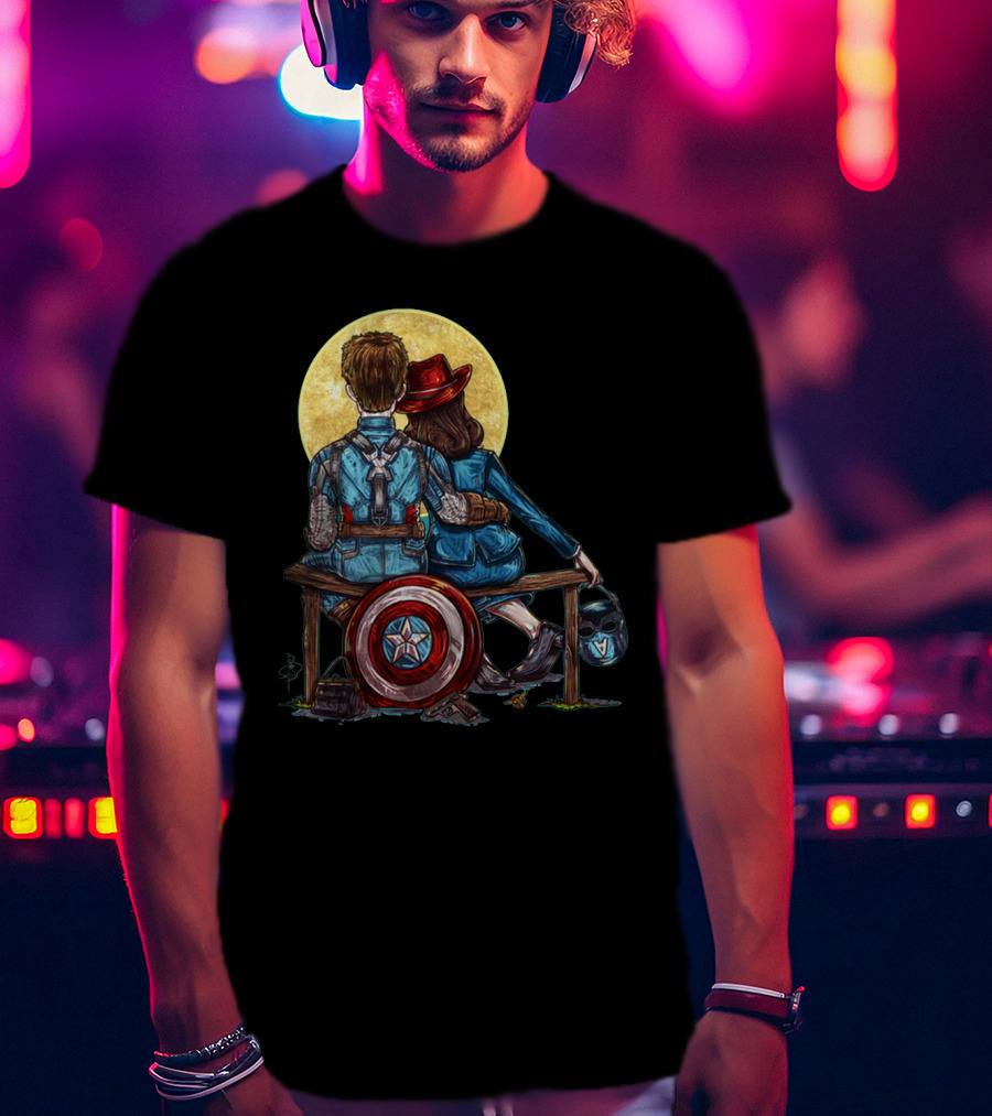 Marvel Captain America Moonlight Bench Scene With Shield And Helmet T-Shirt