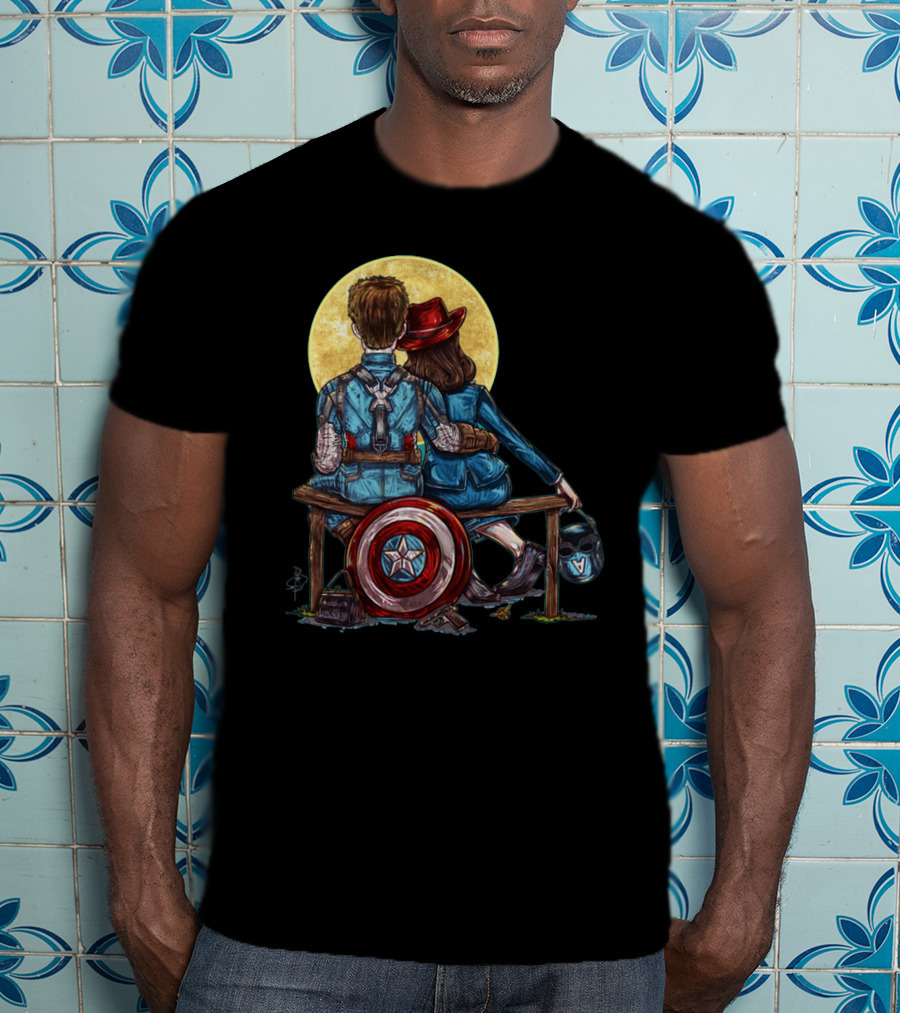 Marvel Captain America Moonlight Bench Scene With Shield And Helmet T-Shirt