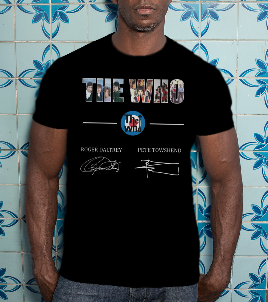 THE WHO Roger Daltrey Pete Townshend The Who Iconic Band Collage Signature T-Shirt
