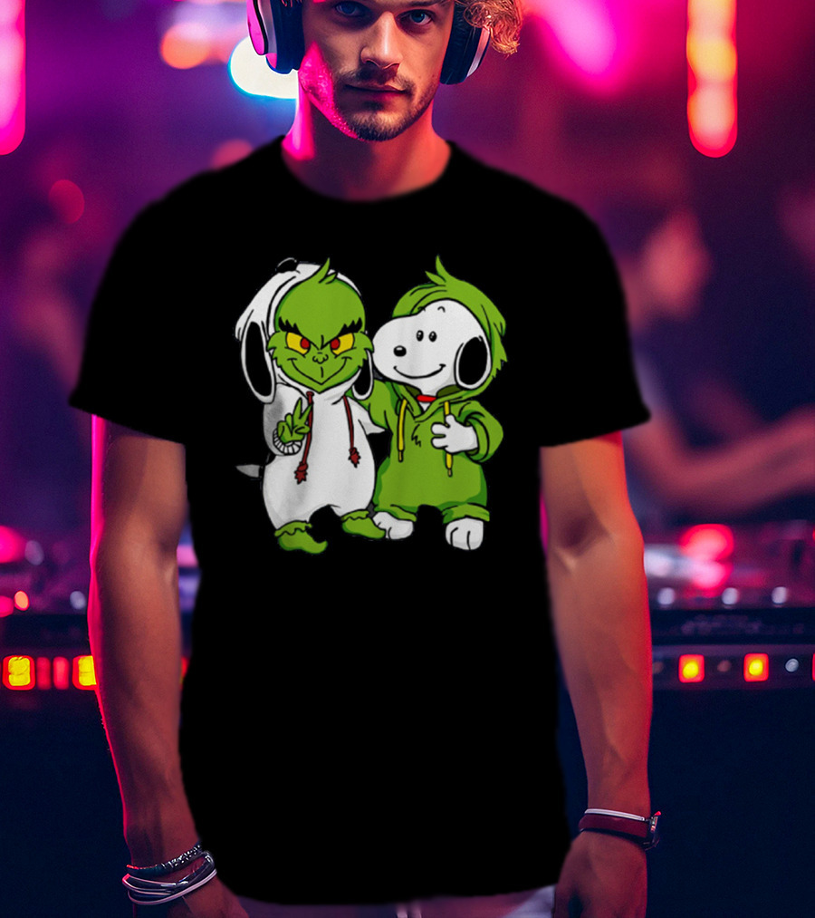 Grinch And Snoopy Christmas Crossover Characters In Festive Hoodies T-Shirt