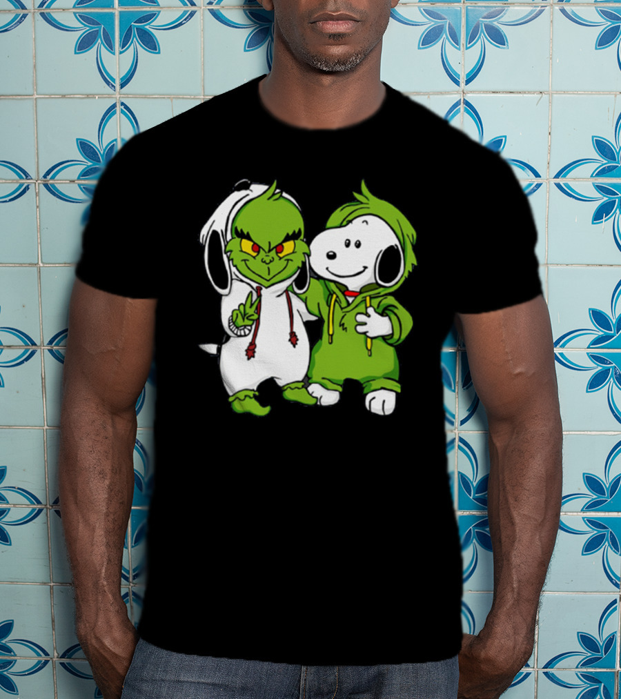 Grinch And Snoopy Christmas Crossover Characters In Festive Hoodies T-Shirt