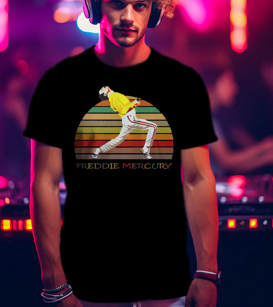 Freddie Mercury Vintage Style Retro Rainbow Stripes T-Shirt