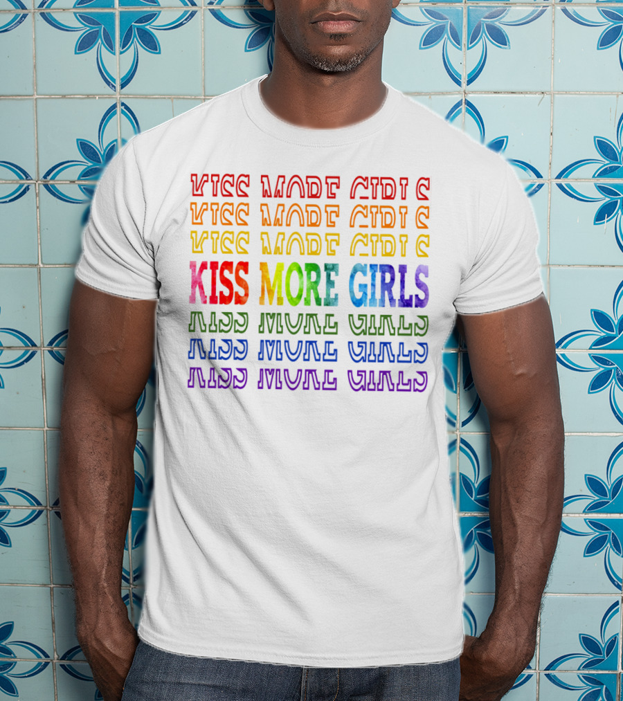 Kiss More Girls Rainbow Pride Repeated Text T-Shirt