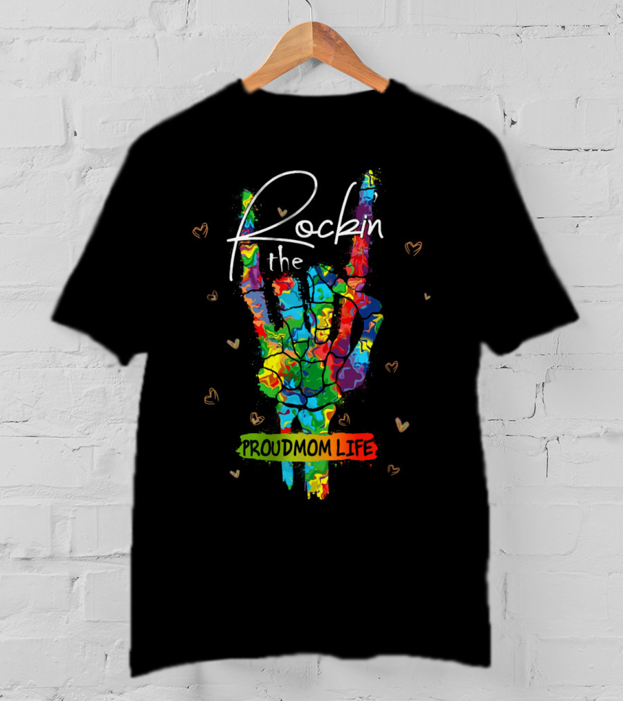 Rockin The Proud Mom Life Colorful Peace Sign Hearts T-Shirt