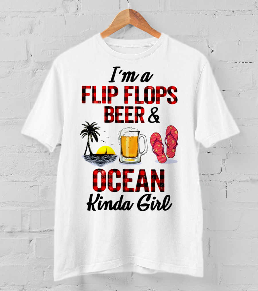 I'm A Flip Flops Beer Ocean Kinda Girl Palm Tree Sunset Red T-Shirt