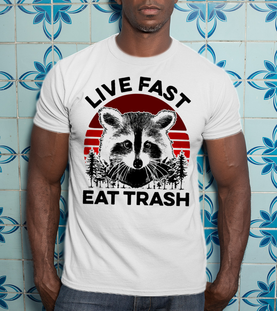 Live Fast Eat Trash Raccoon Forest Sunset T-Shirt