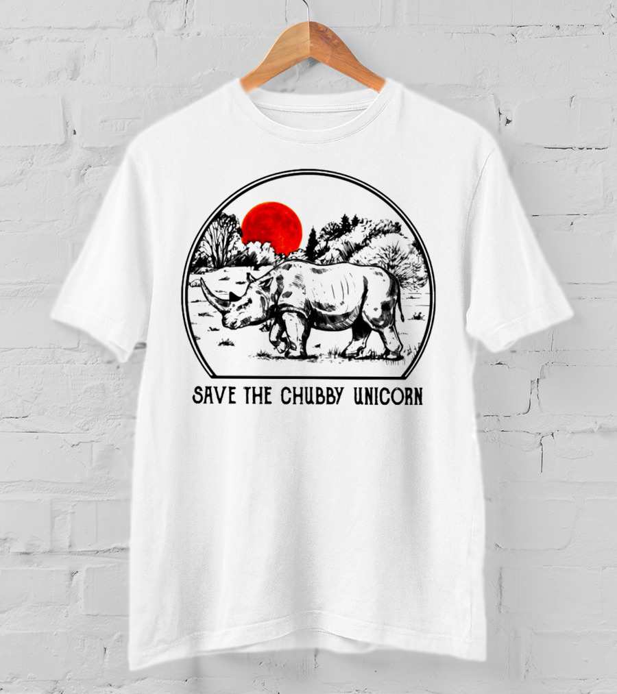 Save The Chubby Unicorn Rhino Illustration With Red Sun And Landscape T-Shirt