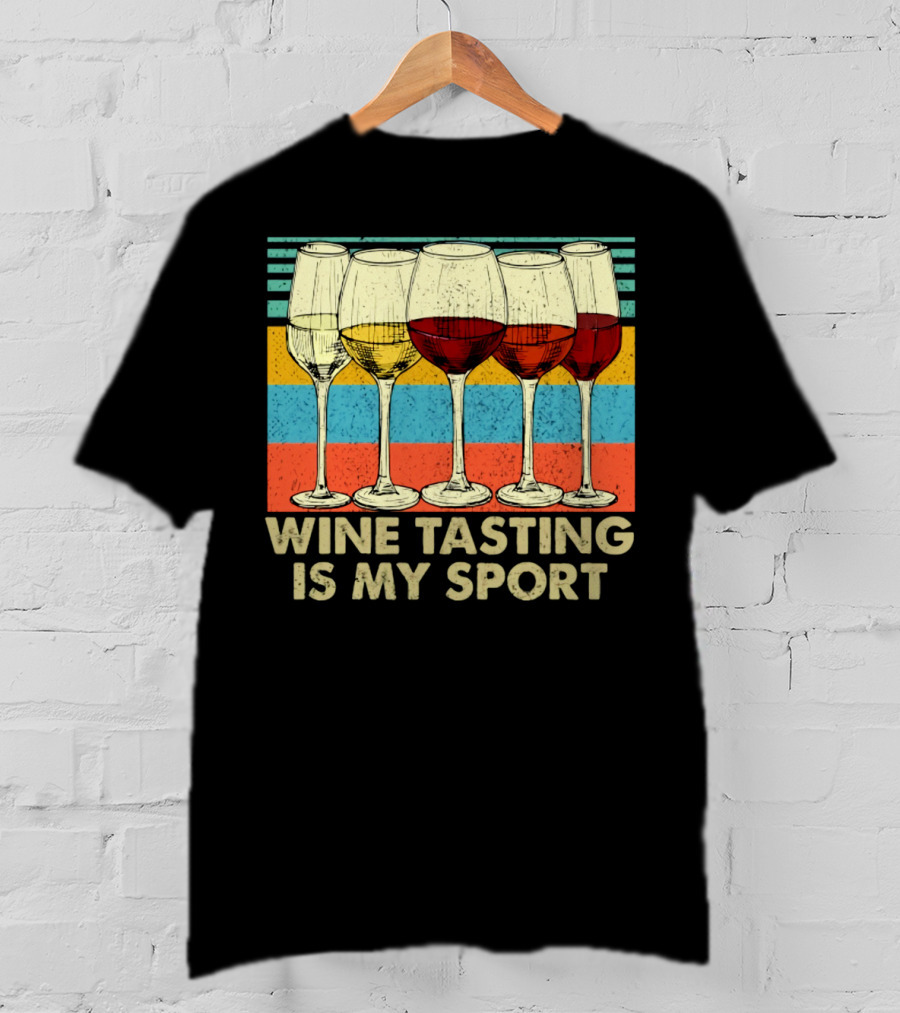 Wine Tasting Is My Sport Retro Wine Glasses On Colorful Stripes T-Shirt