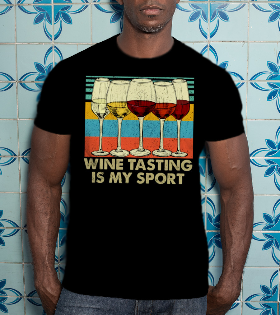 Wine Tasting Is My Sport Retro Wine Glasses On Colorful Stripes T-Shirt