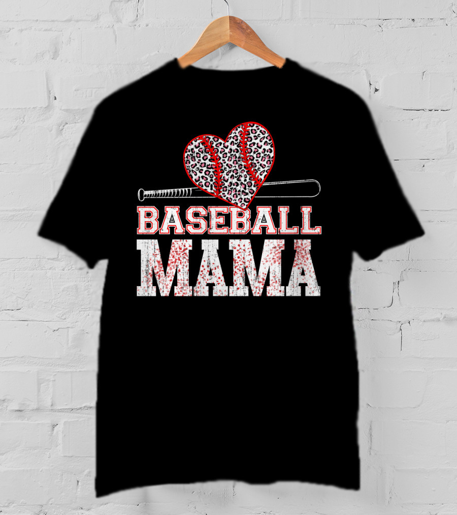 Baseball Mama Leopard Heart Bat T-Shirt