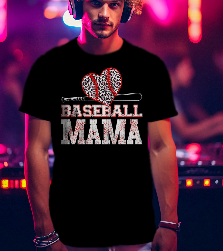 Baseball Mama Leopard Heart Bat T-Shirt