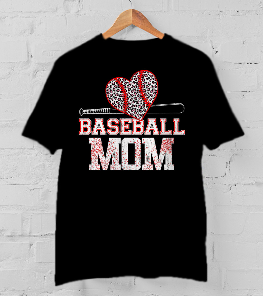 Baseball Mom Heart Leopard Print T-Shirt