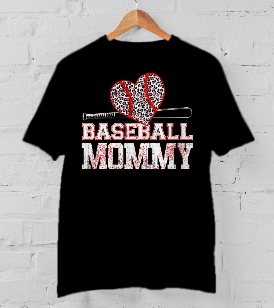Baseball Mommy Leopard Heart With Bat T-Shirt