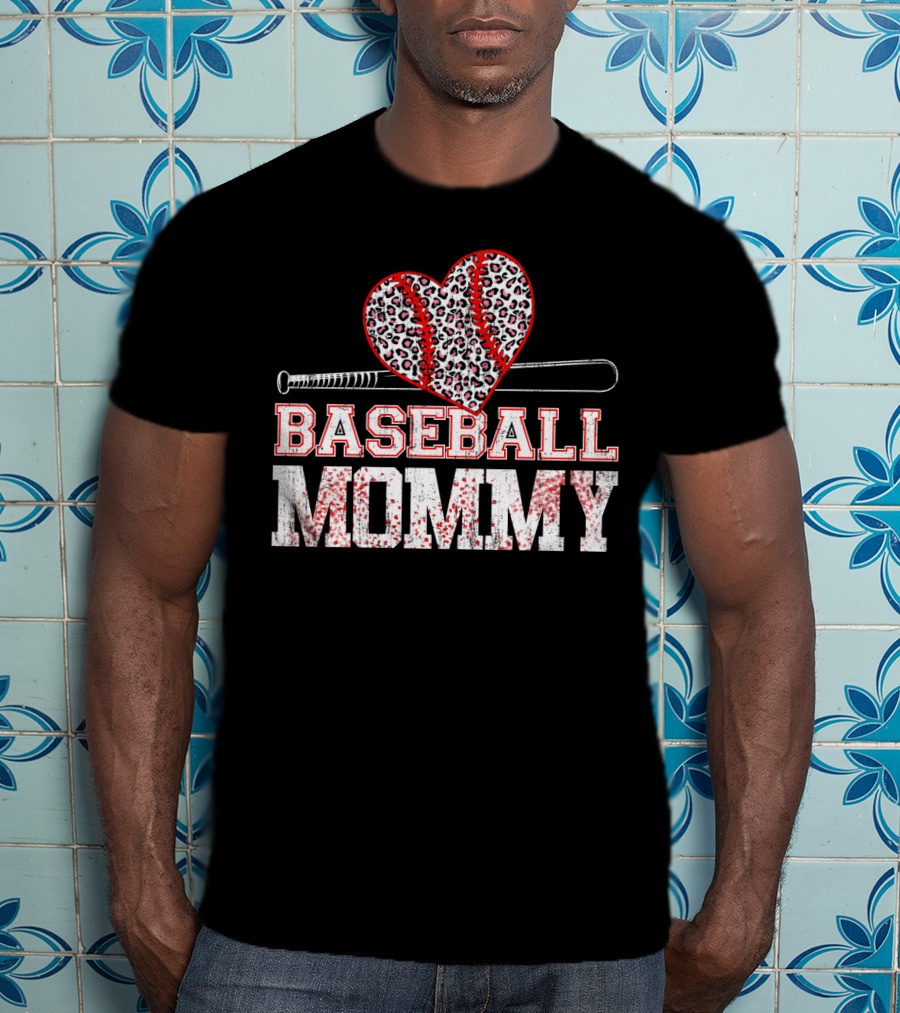 Baseball Mommy Leopard Heart With Bat T-Shirt