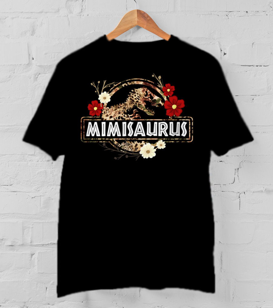 Mimisaurus Dinosaur Floral Design With Red And White Flowers T-Shirt