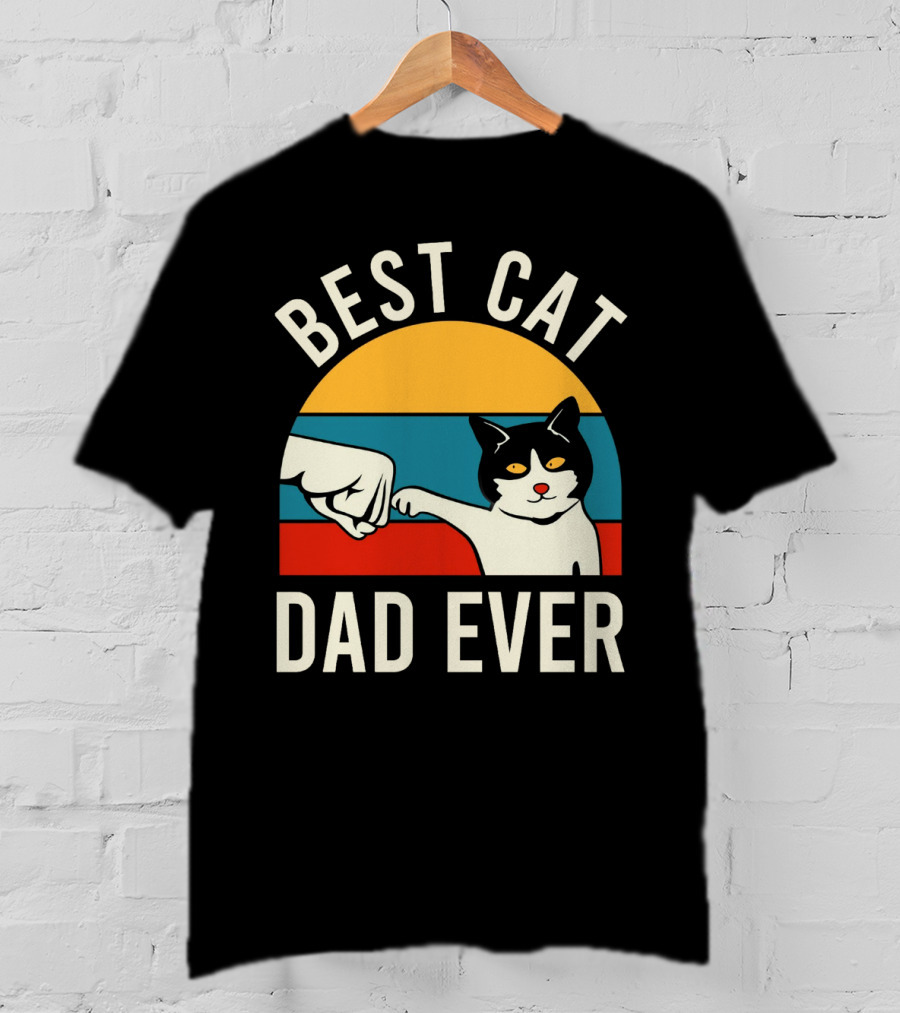 Best Cat Dad Ever Vintage Retro Cat Fist Bump Sunburst T-Shirt