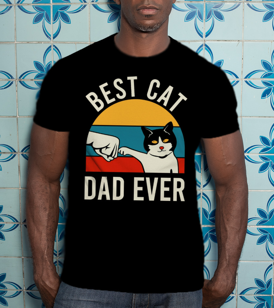 Best Cat Dad Ever Vintage Retro Cat Fist Bump Sunburst T-Shirt