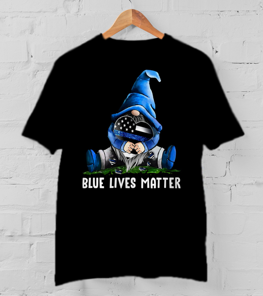 Blue Lives Matter Gnome Holding Thin Blue Line Flag T-Shirt