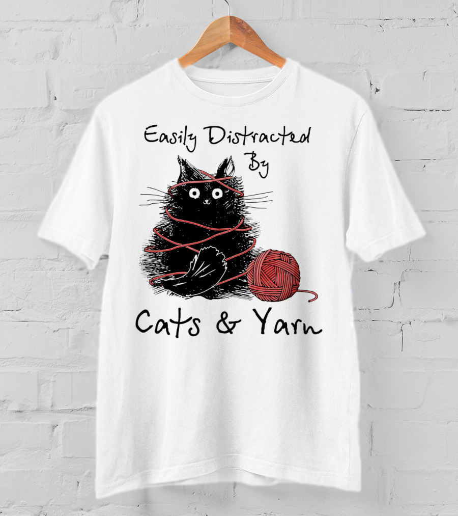 Easily Distracted By Cats And Yarn With Playful Cat Wrapped In Red Yarn T-Shirt