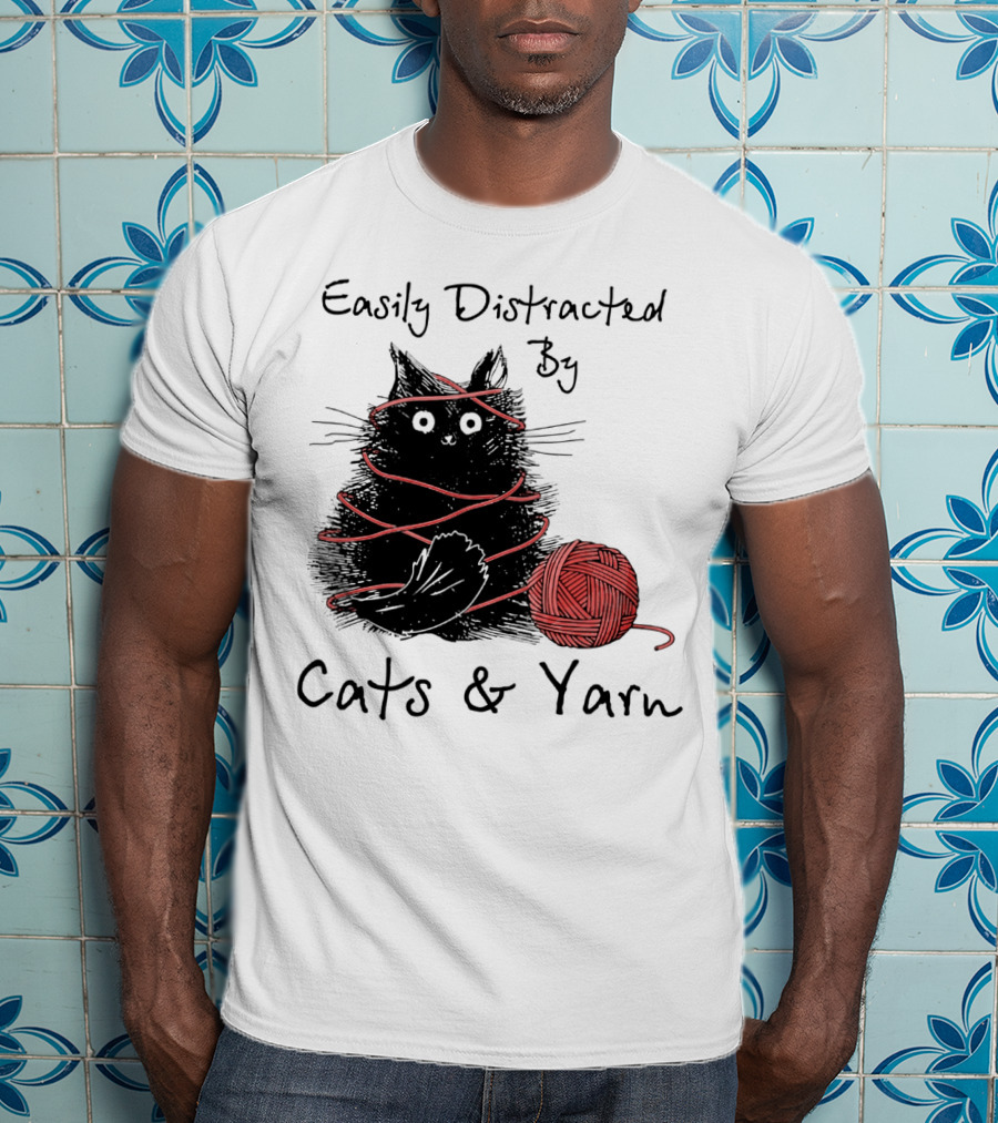 Easily Distracted By Cats And Yarn With Playful Cat Wrapped In Red Yarn T-Shirt