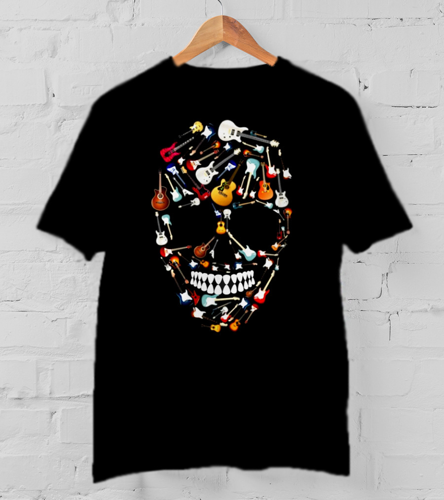 Guitar Skull Design Featuring Colorful Electric And Acoustic Instruments T-Shirt