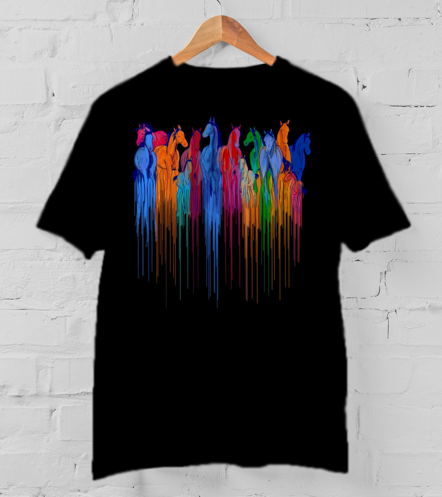 Horse Watercolor Rainbow Drip Multi-Color Herd T-Shirt